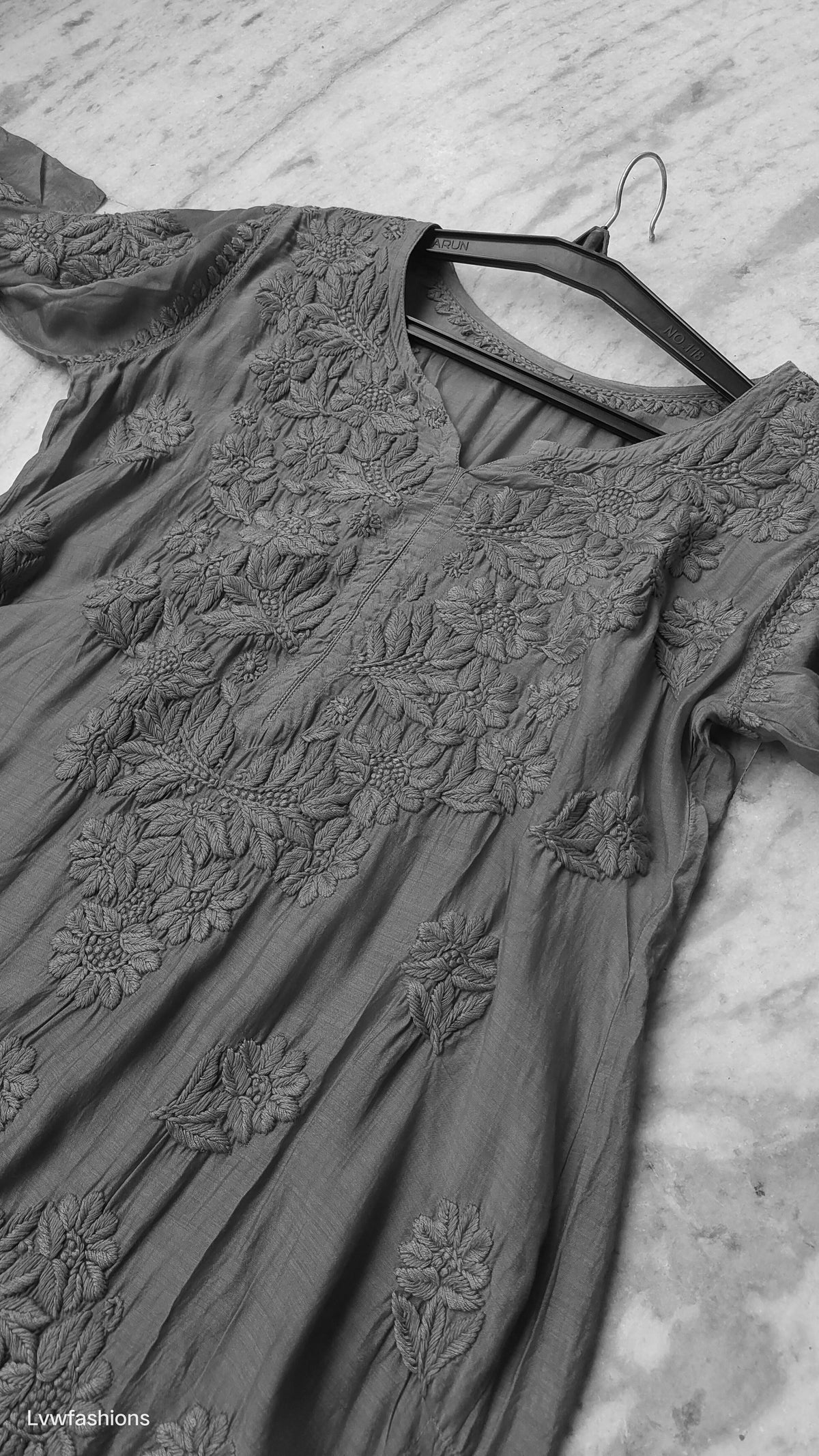Noori Black Premium Silk Chikankari Long Kurta by LVW Fashions featuring intricate handmade Lucknow Chikankari embroidery.