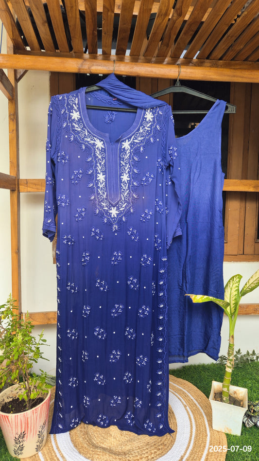 Noori Blue Ombre Premium Georgette Chikankari kurta with pearls and cutdana embroidery, handmade Lucknow Chikankari by LVW Fashions.