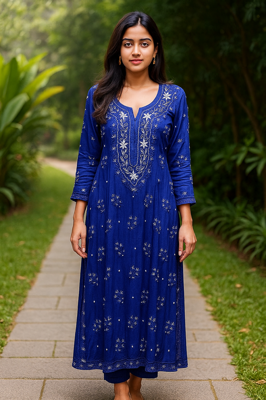 Noori Deep Blue premium silk Chikankari kurta with pearls and cutdana embroidery, handmade by LVW Fashions from Lucknow.