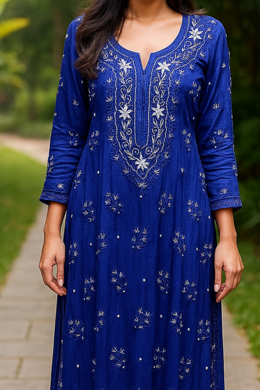 Noori deep blue premium silk Chikankari kurta with pearls and cutdana embroidery, handcrafted by LVW Fashions from Lucknow.