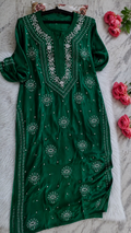 Noori emerald ombre premium georgette chikankari kurta with pearls and cutdana embroidery, handmade Lucknow chikankari by LVW Fashions.