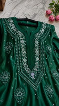 Noori emerald ombre premium georgette chikankari kurta with pearls and cutdana embroidery, handmade Lucknow chikankari by LVW Fashions