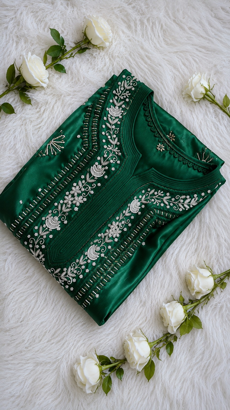Noori emerald ombre premium georgette chikankari kurta with pearl and cutdana embroidery, handmade Lucknow Chikankari by LVW Fashions.