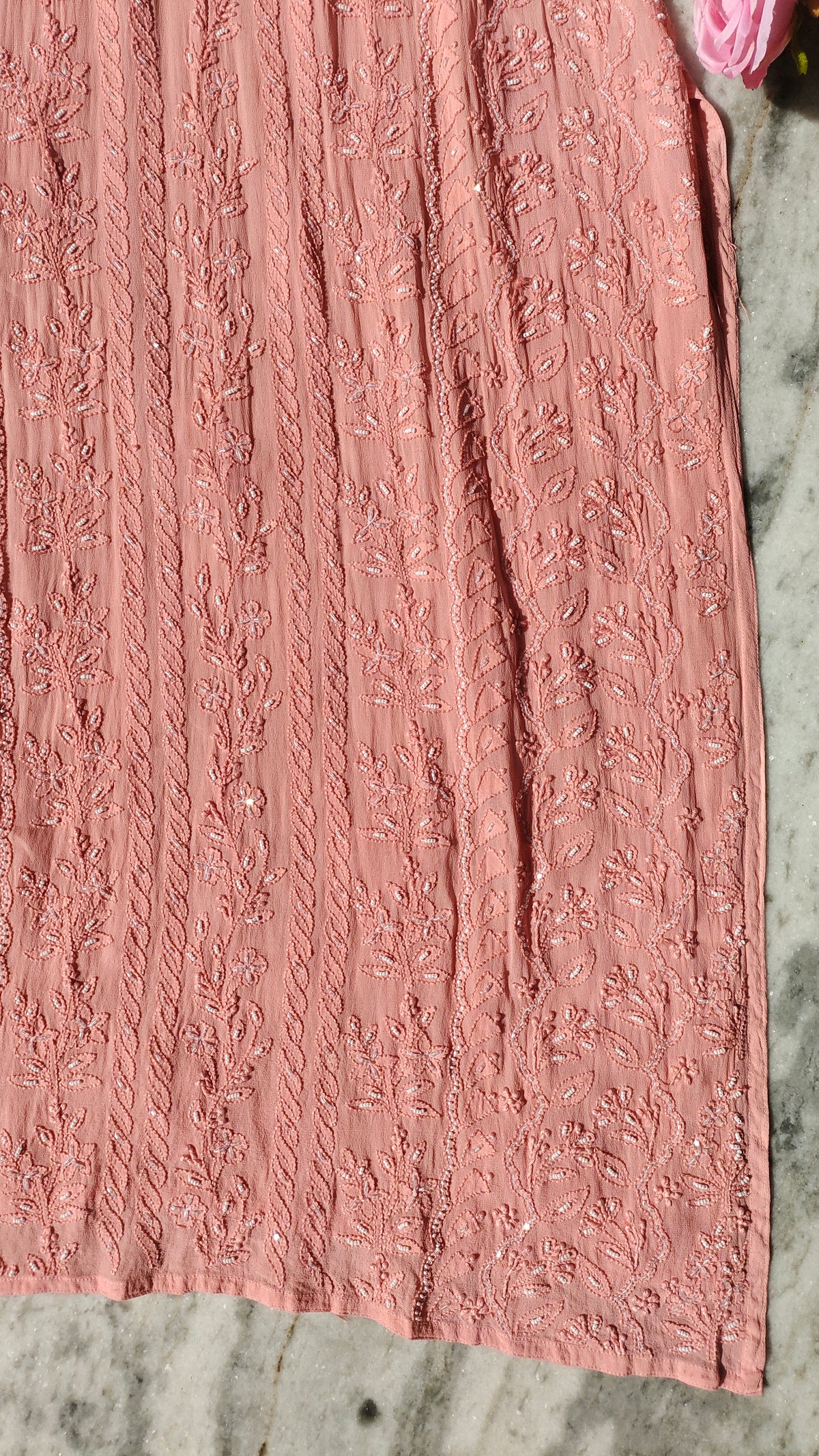 Handcrafted Noori Full Jaal Pearl Cutdana Chikankari embroidery long kurta by LVW Fashions, featuring intricate traditional Lucknow craftsmanship.
