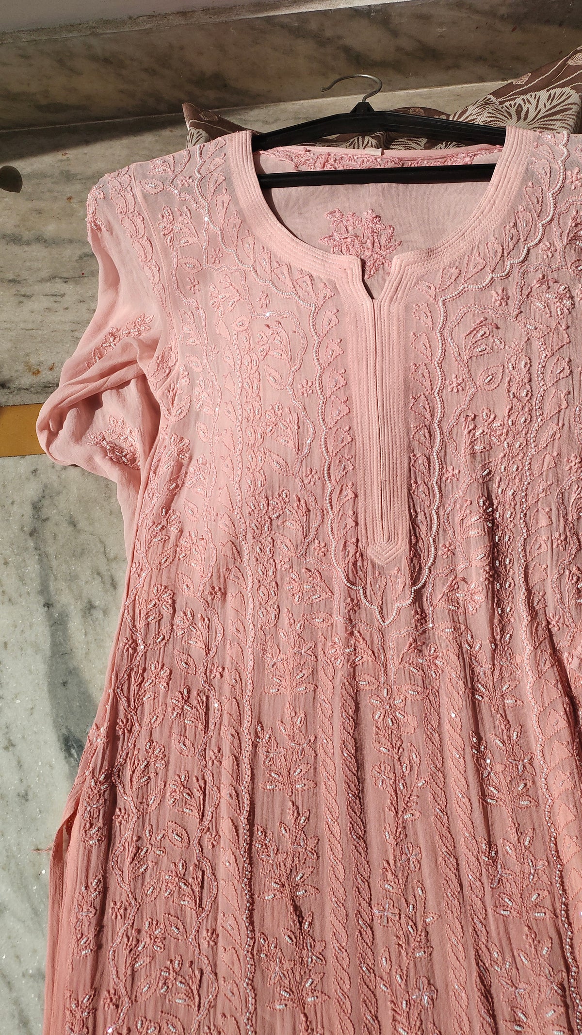 Luxurious handmade Noori Full Jaal pearl cutdana Chikankari embroidery long kurta by LVW Fashions, crafted in traditional Lucknow style.