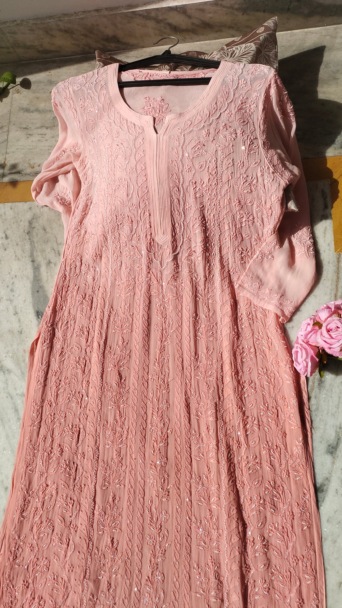 Handcrafted Noori Full Jaal Pearl Cutdana Chikankari embroidery long kurta by LVW Fashions, featuring luxurious traditional Lucknow craftsmanship.