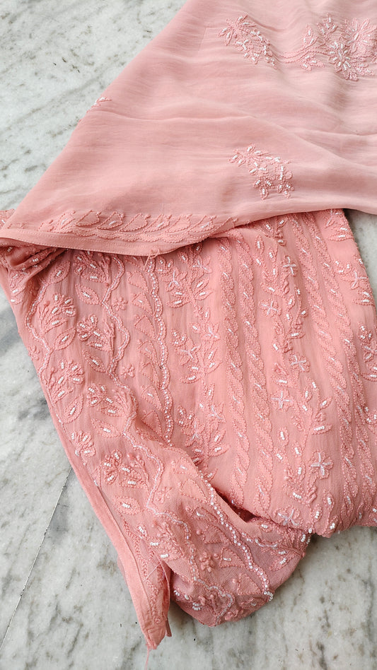 Handcrafted LVW Fashions Noori Full Jaal Pearl Cutdana Chikankari embroidery long kurta with luxurious, traditional Lucknow craftsmanship.