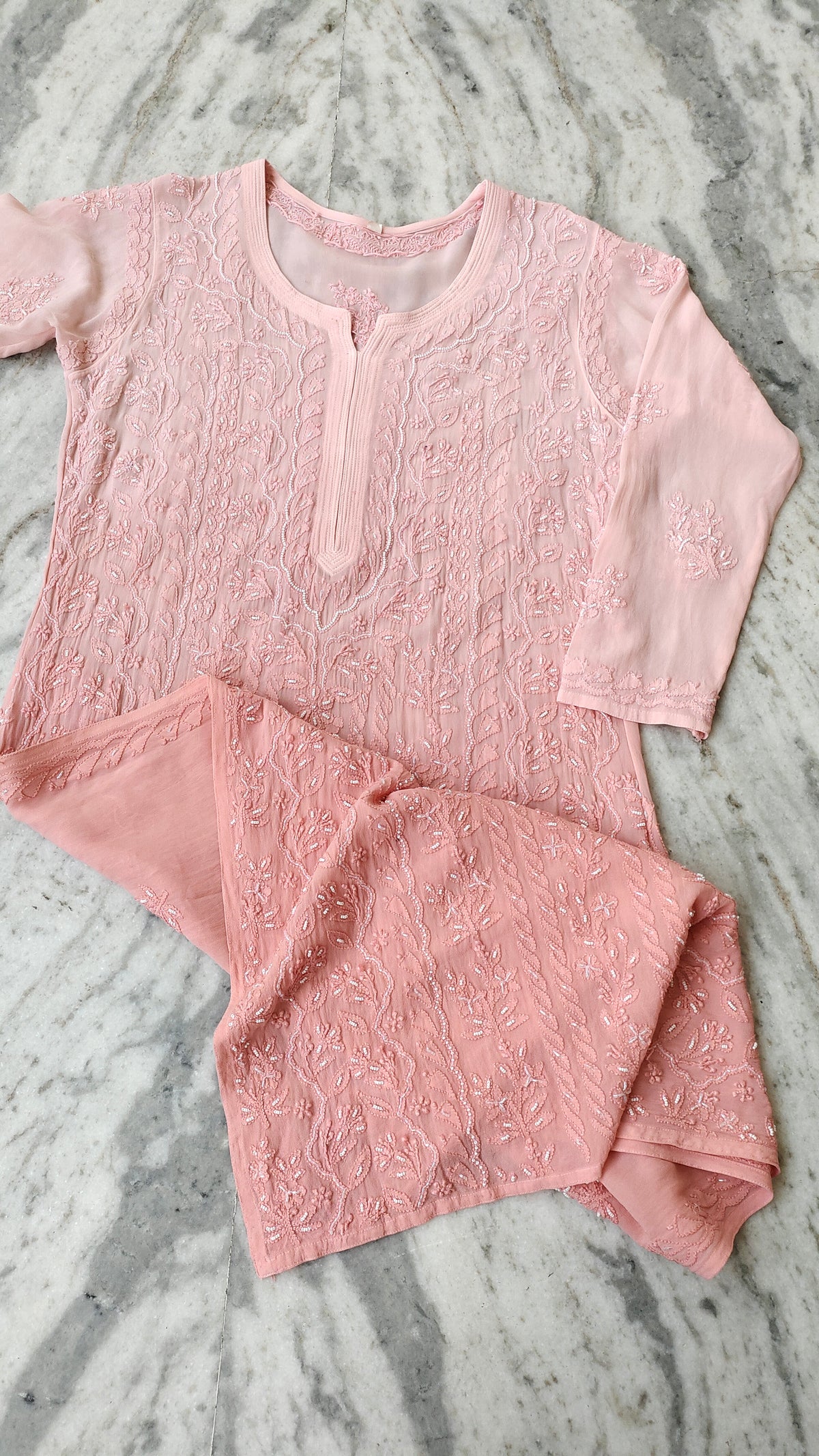 Long handcrafted Noori Full Jaal pearl cutdana Chikankari embroidery kurta by LVW Fashions, featuring luxurious traditional Lucknow craftsmanship.