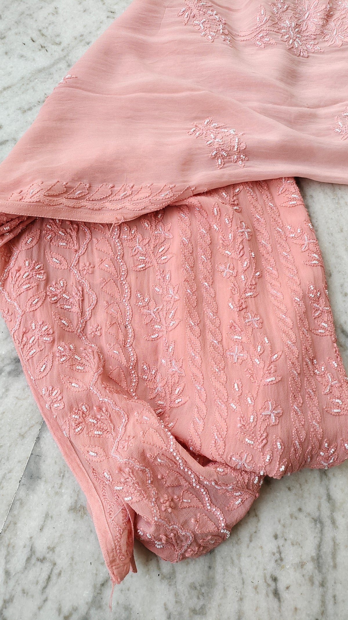 Handcrafted Noori Full Jaal Pearl Cutdana Chikankari embroidery long kurta by LVW Fashions, showcasing intricate traditional Lucknow craftsmanship.