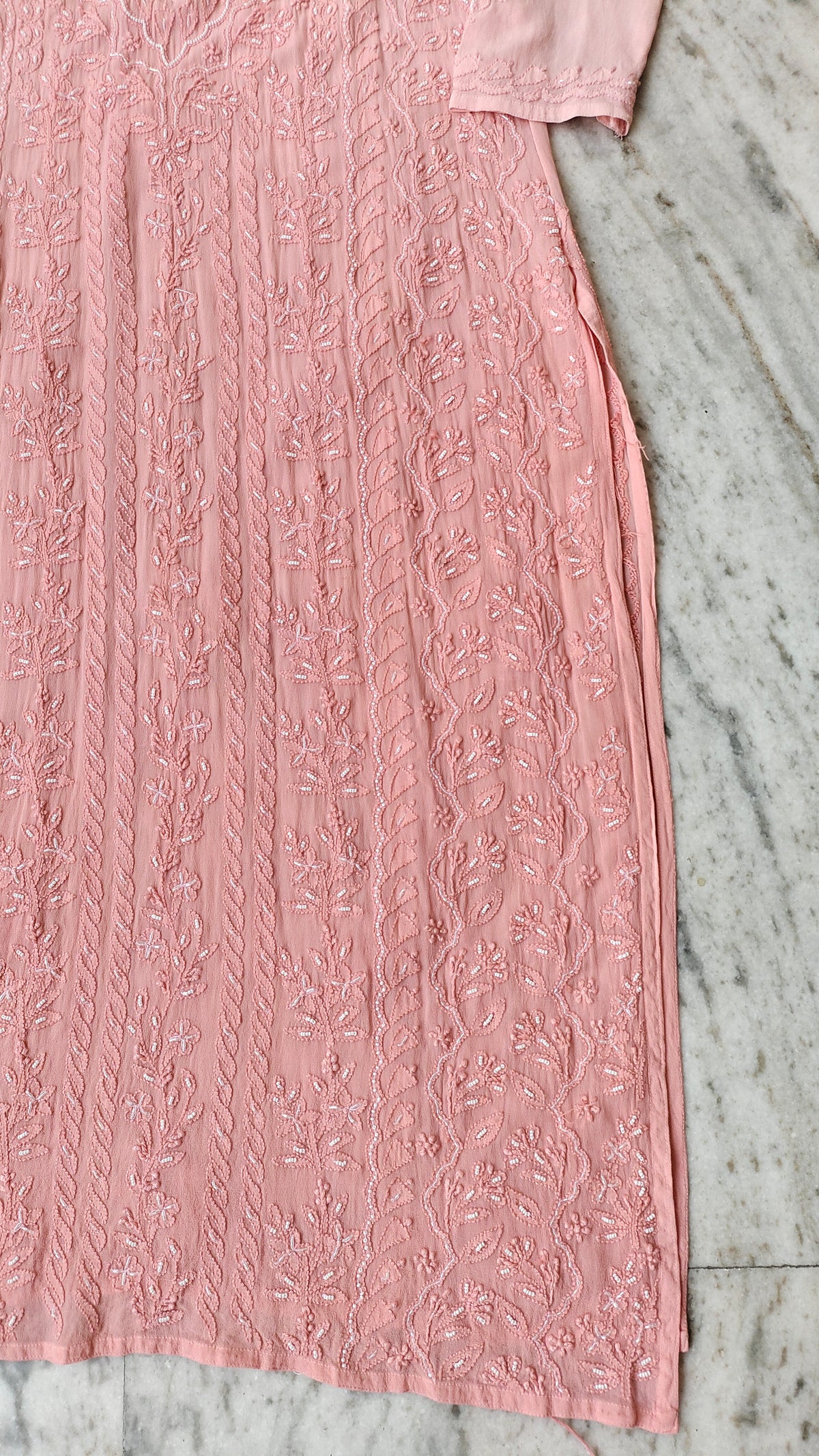 Noori Full Jaal pearl-cutdana Chikankari embroidered long kurta by LVW Fashions, showcasing intricate handcrafted Lucknow chikankari.