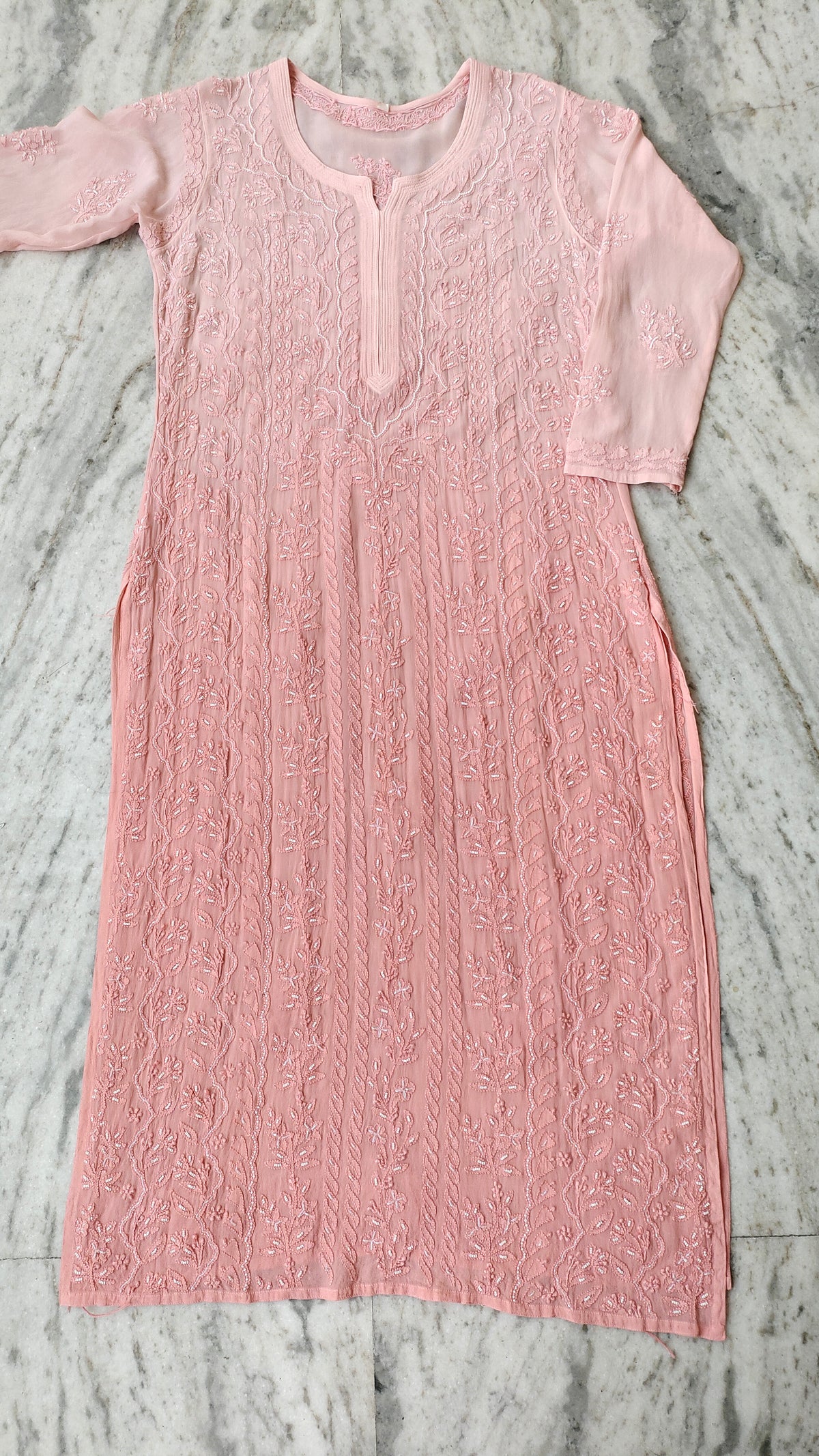 Noori full Jaal pearl Cutdana Chikankari embroidery long kurta by LVW Fashions, handcrafted luxurious Lucknow Chikankari fabric.