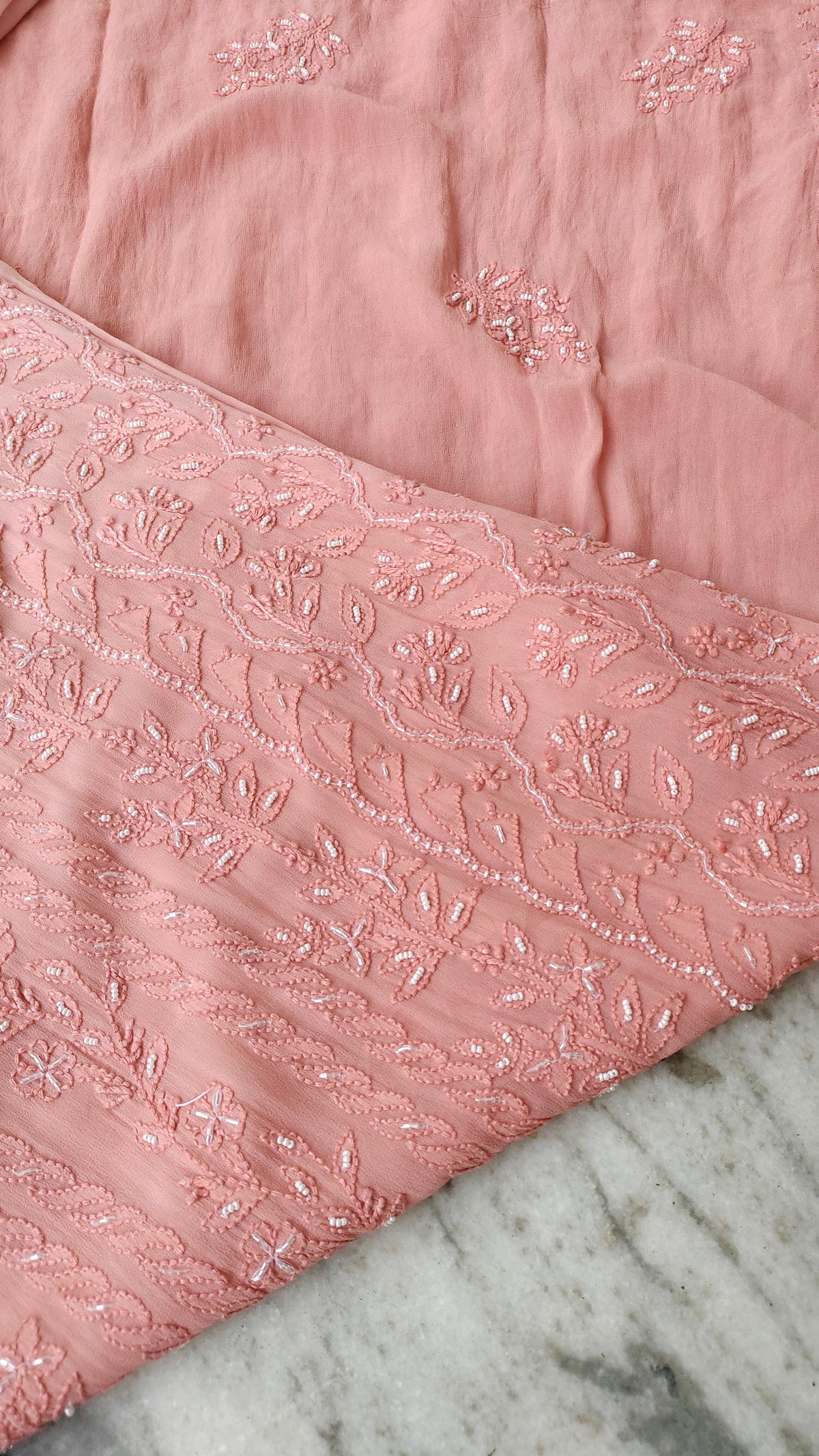 Noori full Jaal pearl cutdana chikankari embroidery long kurta by LVW Fashions, handcrafted in luxurious Lucknow style.