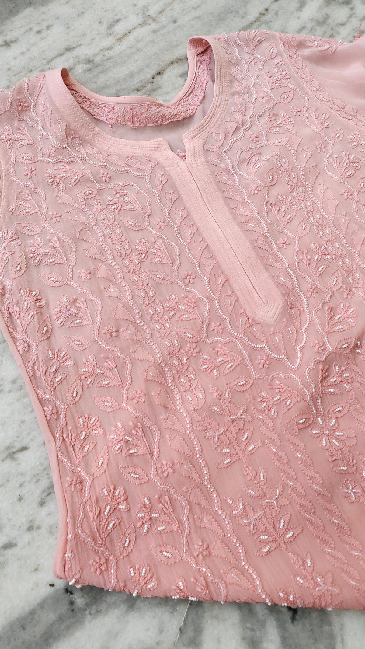 Luxurious Noori Full Jaal Pearl Cutdana Chikankari Embroidered Long Kurta by LVW Fashions, handcrafted with intricate Lucknow chikankari.