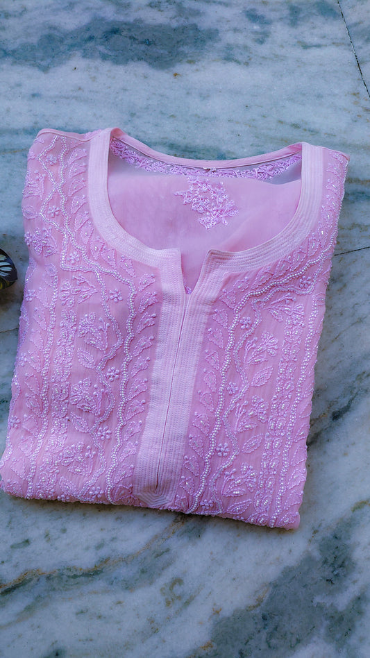 Handcrafted Noori Full Jaal Pearl Cutdana Chikankari embroidery long luxury kurta by LVW Fashions, featuring intricate Lucknow Chikankari details.