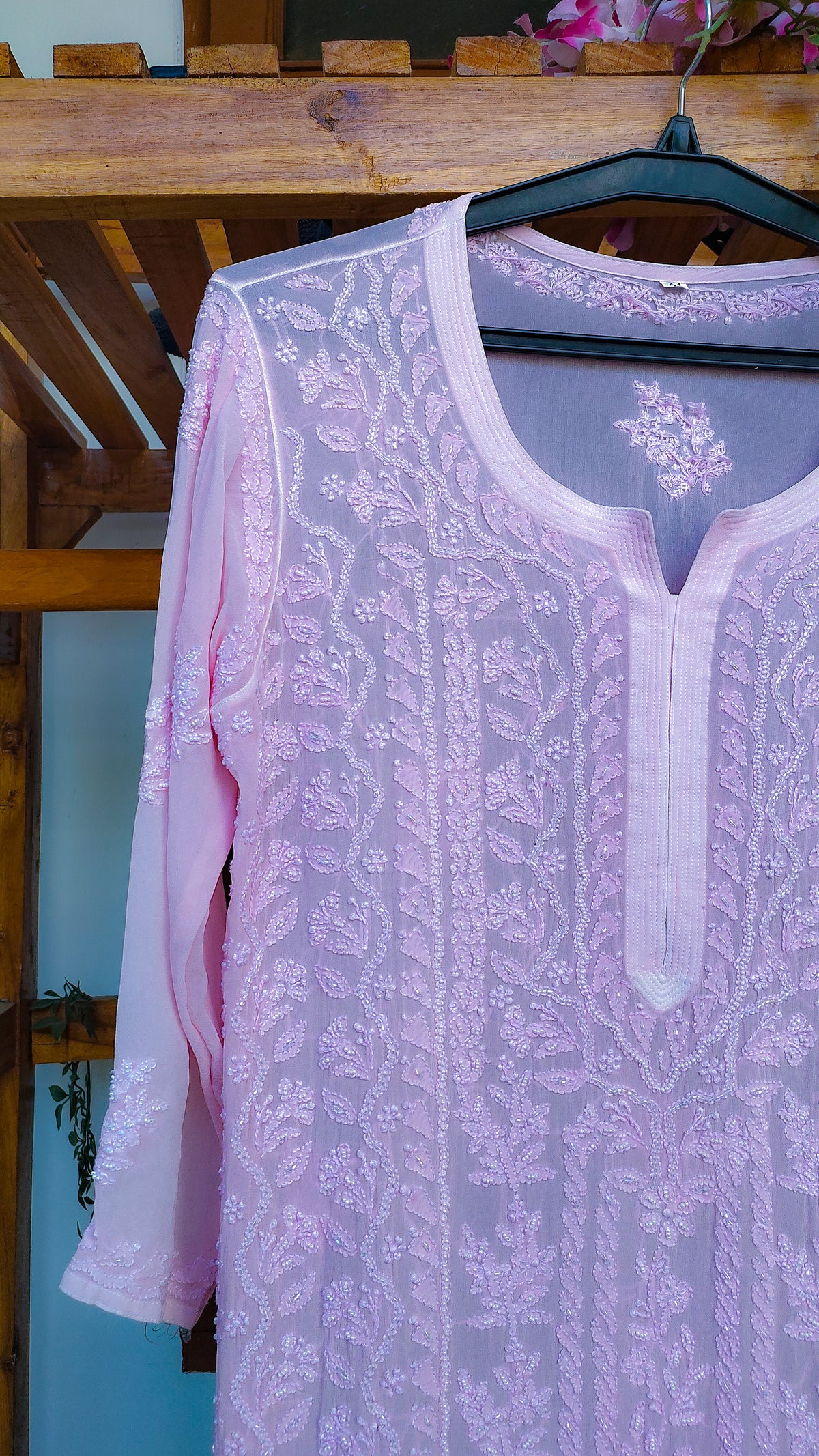 Noori Full Jaal Pearl Cutdana Chikankari embroidery long kurta by LVW Fashions, handcrafted luxury Lucknow-style pure chikankari.