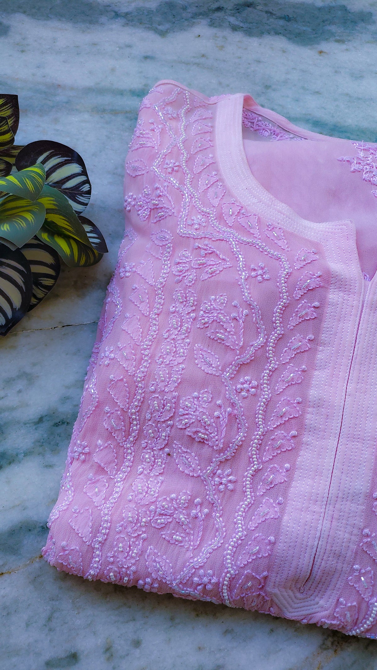 Handcrafted Noori Full Jaal Pearl Cutdana Chikankari embroidery long kurta by LVW Fashions, featuring luxurious traditional Lucknow craftsmanship.