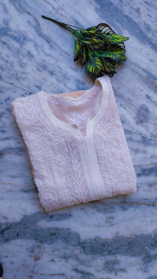 Handcrafted Noori Full Jaal Pearl Cutdana Chikankari embroidery long kurta by LVW Fashions featuring luxurious pure fabric.