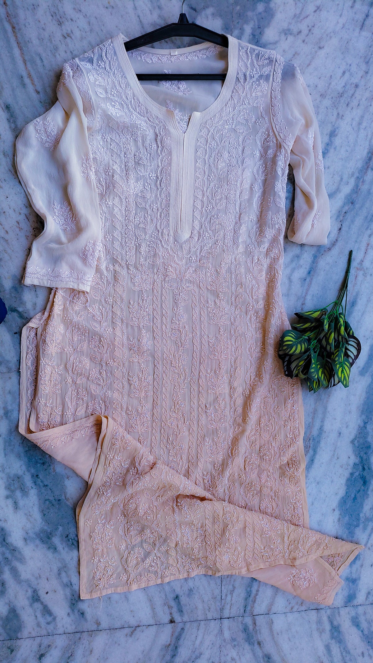 Luxurious Noori Full Jaal pearl Cutdana Chikankari embroidery long handcrafted kurta by LVW Fashions, featuring intricate Lucknow craftsmanship.
