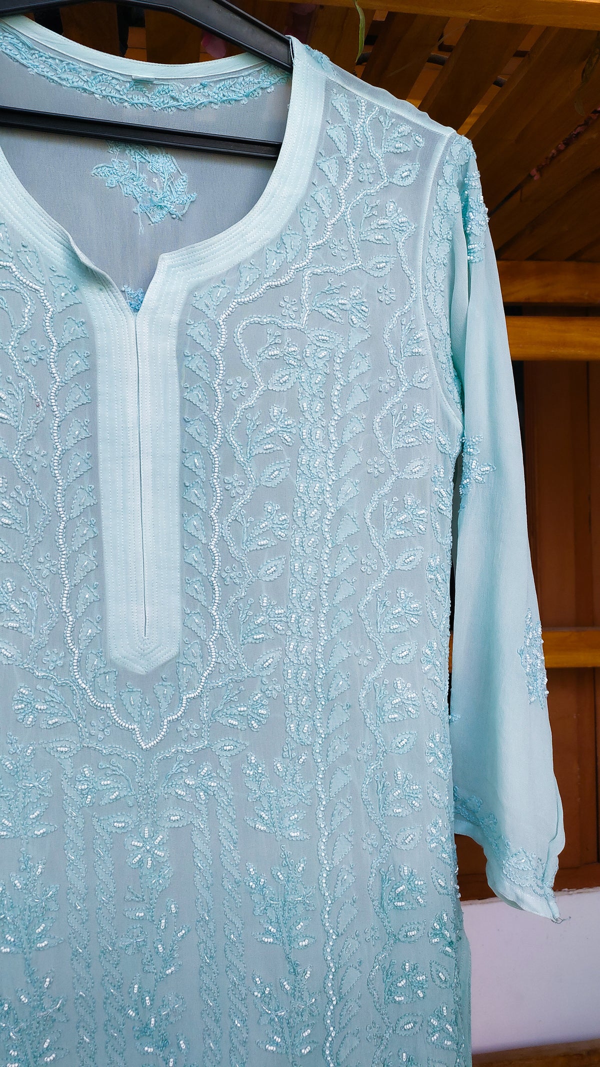 Handmade Noori Full Jaal Pearl Cutdana Chikankari Embroidered Long Kurta by LVW Fashions, pure handcrafted Lucknow Chikankari.