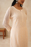 Handcrafted Noori Full Jaal Pearl Cutdana Chikankari embroidery long luxury kurta by LVW Fashions, featuring intricate Lucknow-style hand embroidery.