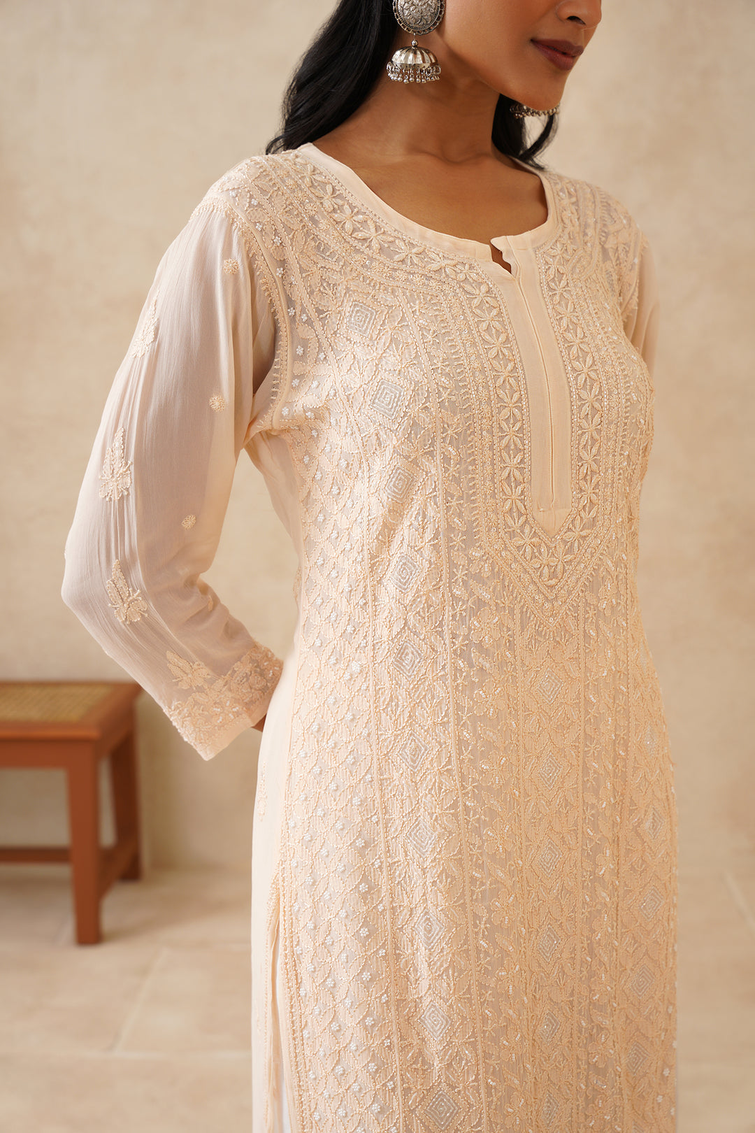 Handcrafted Noori Full Jaal Pearl Cutdana Chikankari embroidery long luxury kurta by LVW Fashions, featuring intricate Lucknow-style hand embroidery.
