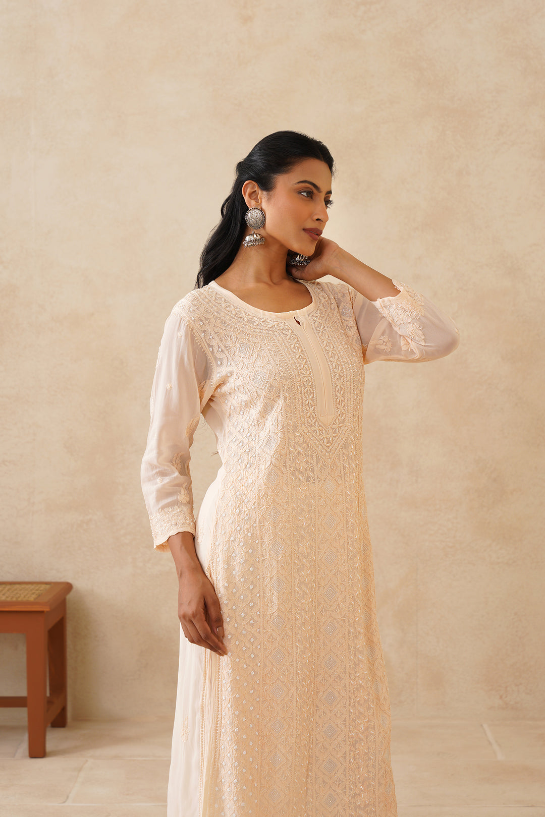 Luxurious Noori Full Jaal Pearl Cutdana Chikankari embroidery long kurta by LVW Fashions, handcrafted in Lucknow with intricate detailing.