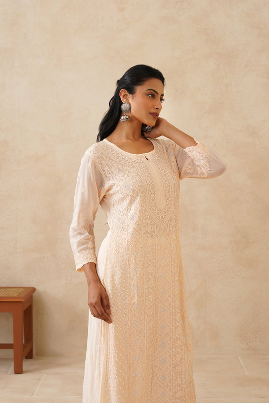 Luxurious Noori Full Jaal Pearl Cutdana Chikankari embroidery long kurta by LVW Fashions, handcrafted in Lucknow with intricate detailing.