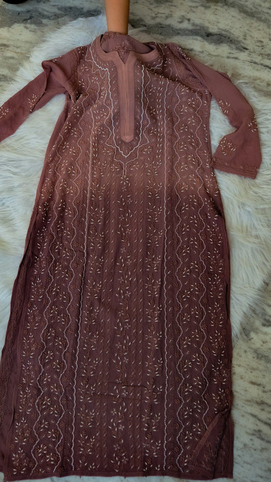 Luxurious Noori Full Jaal Pearl Cutdana Chikankari embroidered long kurta by LVW Fashions, handcrafted with intricate Lucknow chikankari.