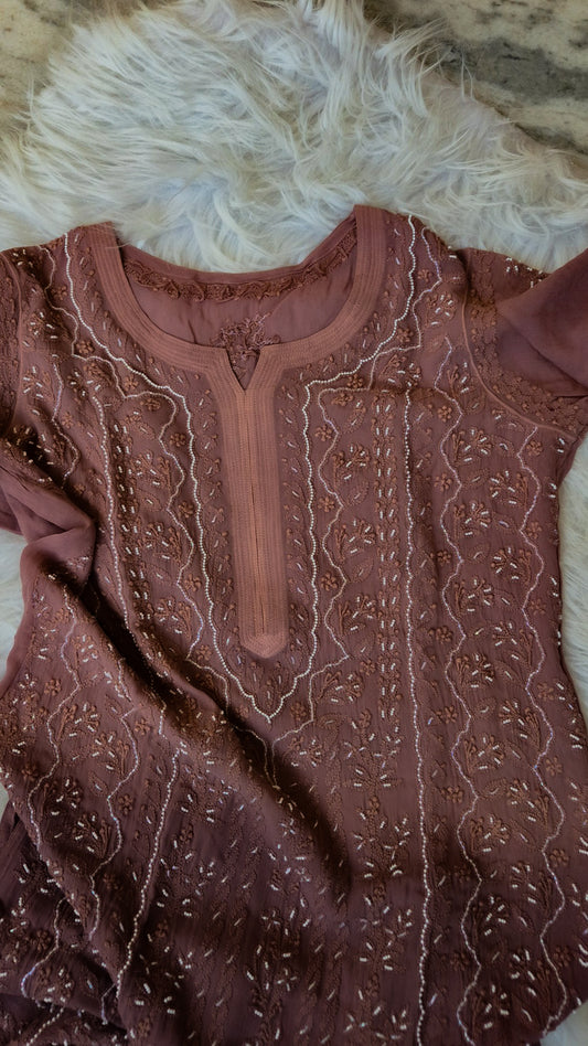 Handcrafted Noori Full Jaal Pearl Cutdana Chikankari embroidery long Kurta by LVW Fashions, showcasing intricate Lucknow-style craftsmanship.