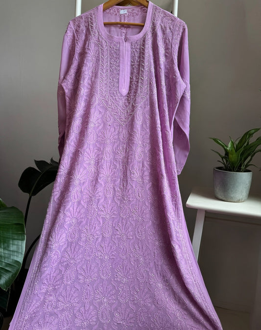 Noori Full Jaal Pearl Cutdana Chikankari Embroidery Long Luxurious kurta Pure Handcrafted Lavender