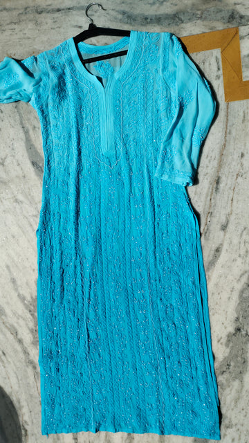 Noori  Full Jaal Pearl Cutdana Chikankari Embroidery Long Luxurious kurta Pure Handcrafted Ombre Effect