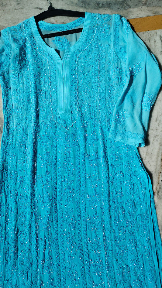 LVW Fashions Noori full Jaal pearl cutdana chikankari embroidery long kurta with luxurious pure handcrafted ombre effect, traditional Lucknow style.