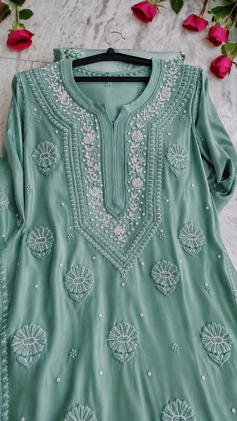 Noori Jade Premium Georgette Chikankari Kurta with pearls and cutdana embroidery by LVW Fashions, handmade Lucknow Chikankari.