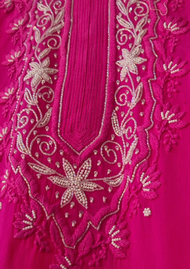 Noori Luxurious Look Chikankari Kurta by LVW Fashions featuring pearls, Cutdana embroidery, handmade Lucknow Chikankari design.
