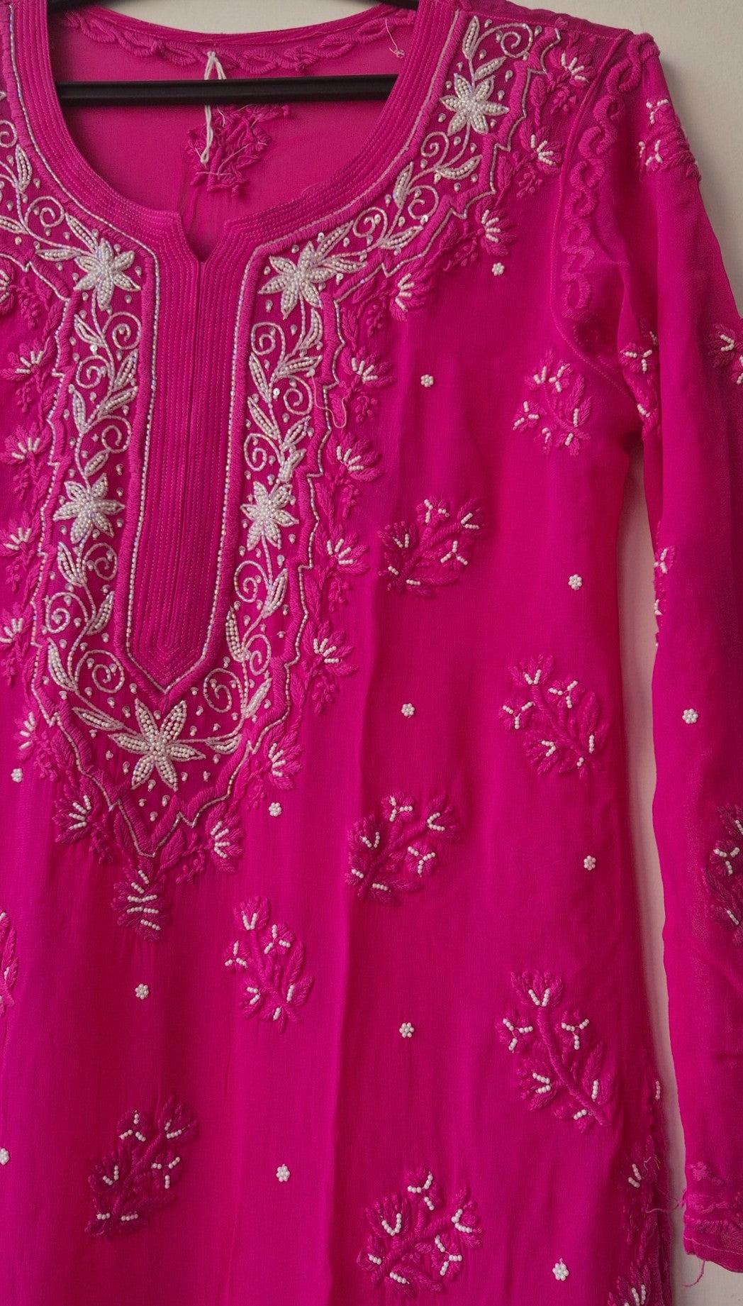 Noori Luxurious Look Chikankari Kurta by LVW Fashions with pearl and cutdana embroidery, handmade Lucknow Chikankari, XS size.