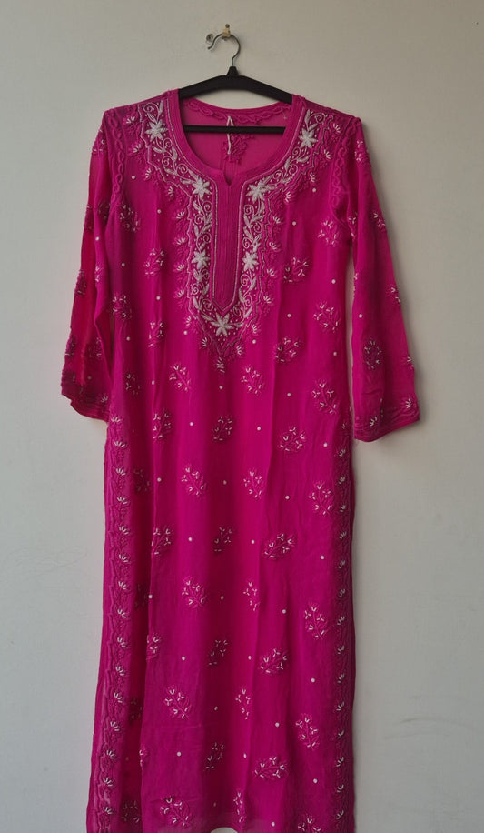 Noori luxurious look Chikankari kurta by LVW Fashions with pearls and cutdana embroidery, handmade Lucknow Chikankari design.