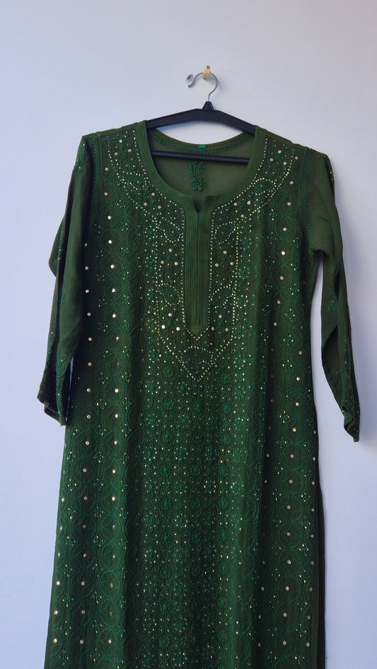 Noori new design luxury georgette kurta with intricate chikankari and mukaish embroidery by LVW Fashions, handmade in Lucknow.