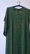 Noori premium georgette Chikankari and Mukaish embroidery kurta by LVW Fashions, handmade Lucknow Chikankari, showcasing intricate embroidery details.
