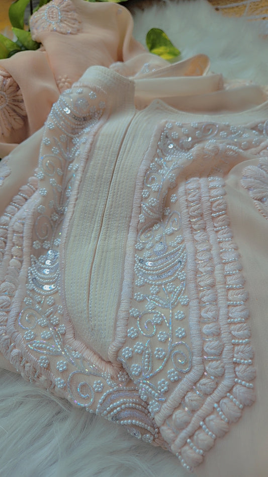Noori ombre powder peach georgette chikankari kurta with cutdana embroidery, handmade Lucknow chikankari by LVW Fashions.