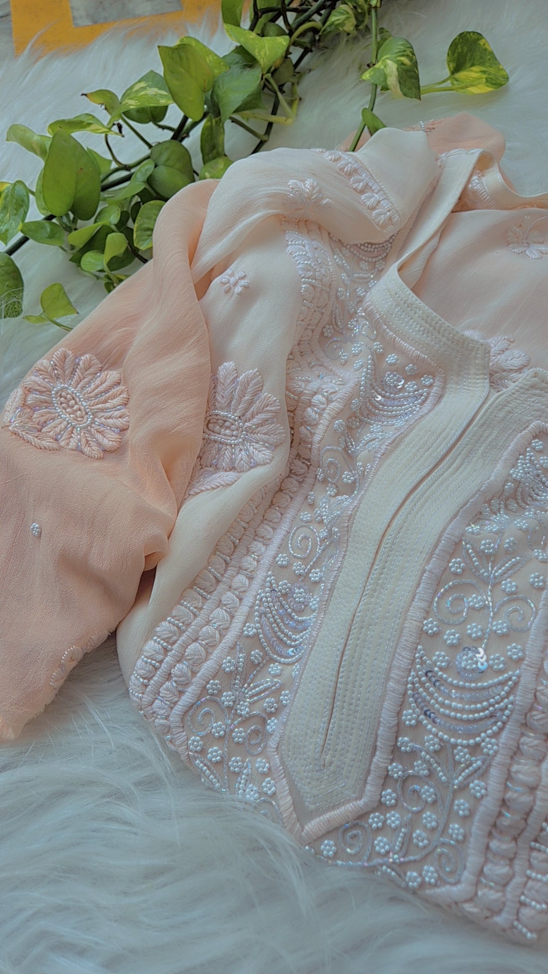 Noori ombre powder peach georgette chikankari kurta with cutdana embroidery, handmade by LVW Fashions in Lucknow.