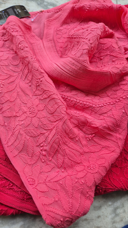 Noori Ombre Premium Georgette Chikankari Long Kurta by LVW Fashions, handcrafted Lucknow Chikankari with intricate embroidery.