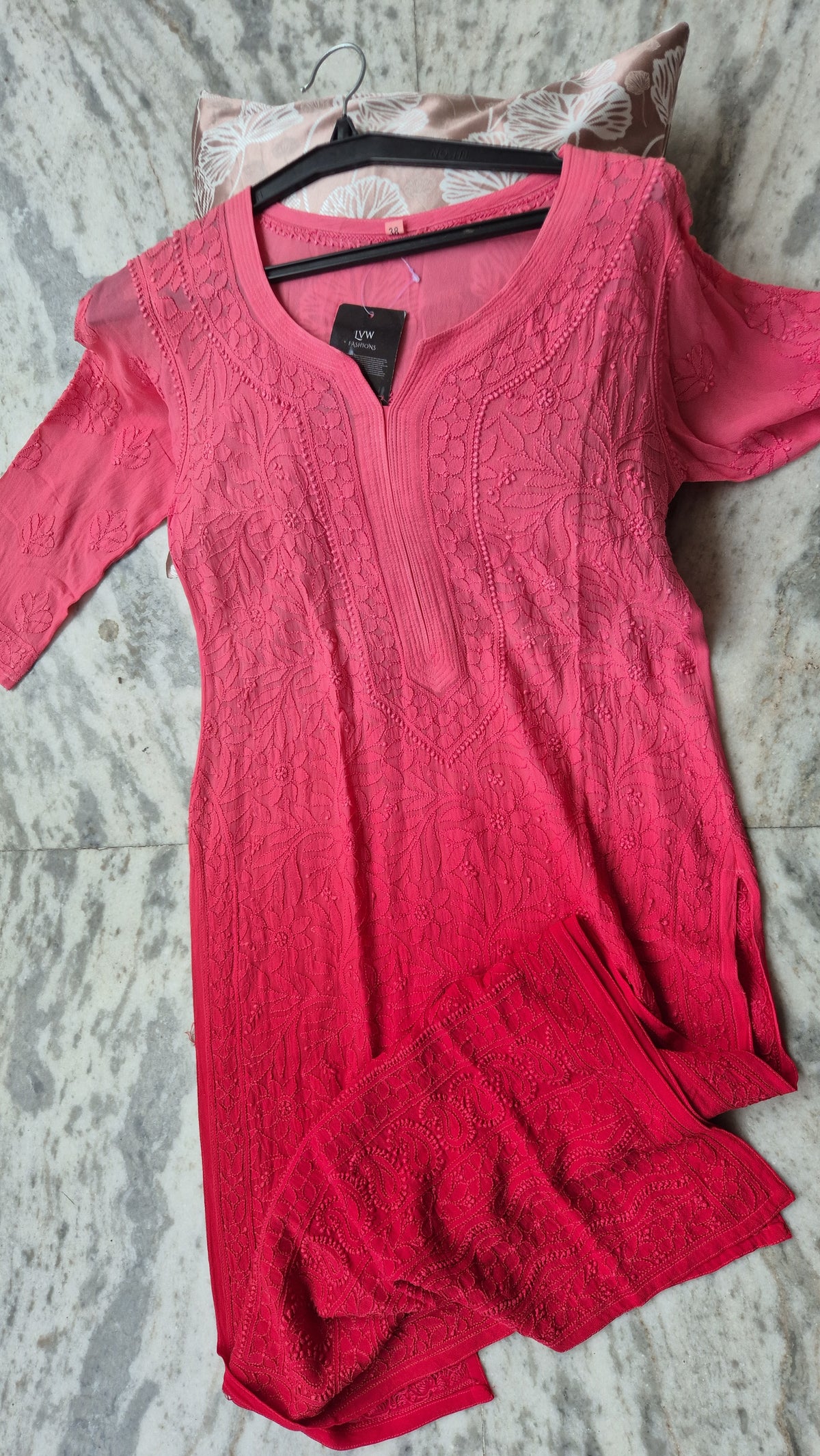 Noori Ombre Premium Georgette Chikankari Long Kurta by LVW Fashions featuring intricate handmade Lucknow Chikankari embroidery.