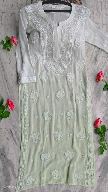 Noori Ombre Shade premium georgette Chikankari kurta with pearl and cutdana embroidery, handmade by LVW Fashions in Lucknow.