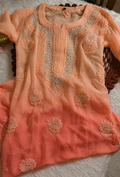 Noori Peach Ombre Premium Georgette Chikankari Kurta with pearl and cutdana embroidery, handmade by LVW Fashions, Lucknow Chikankari.