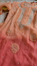 Noori Peach Ombre Premium Georgette Chikankari Kurta with pearls and cutdana embroidery, handmade in Lucknow by LVW Fashions.