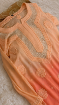 Noori Peach Ombre Premium Georgette Chikankari Kurta with pearls and cutdana embroidery, handmade Lucknow Chikankari by LVW Fashions.