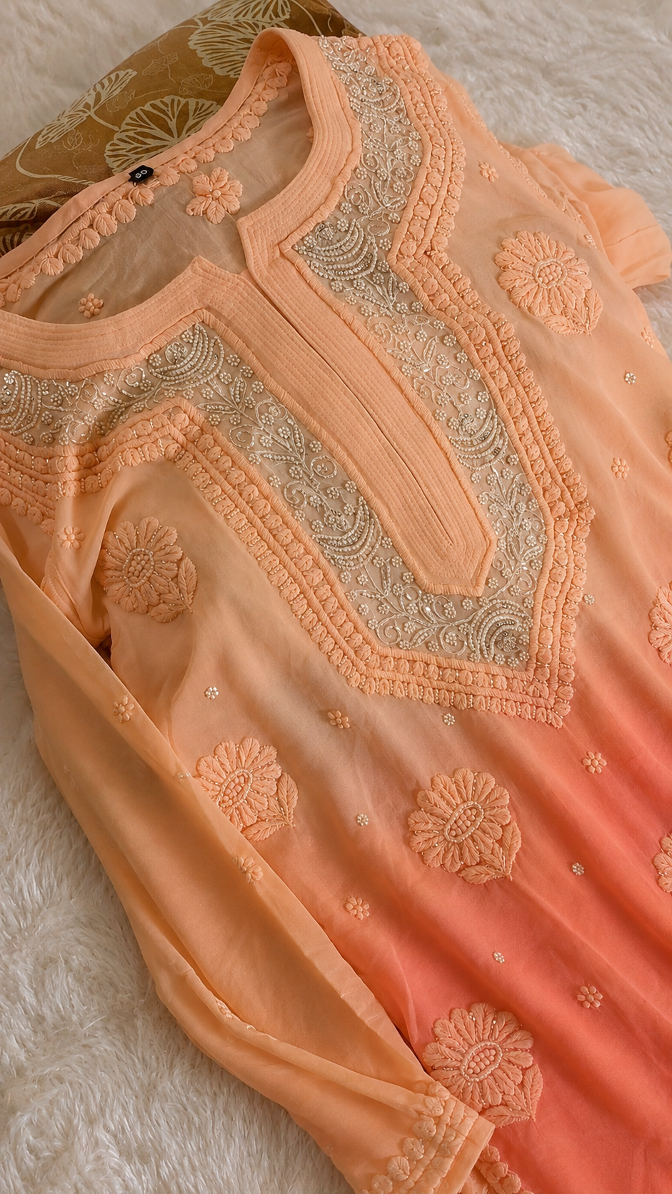 Noori Peach Ombre Premium Georgette Chikankari Kurta with pearls and cutdana embroidery, handmade Lucknow Chikankari by LVW Fashions.