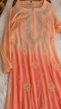 Noori Peach Ombre premium georgette Chikankari kurta with pearls and cutdana embroidery, handmade by LVW Fashions in Lucknow.