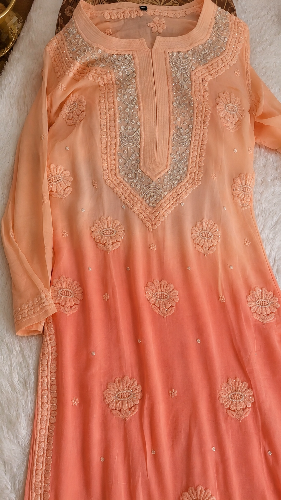Noori Peach Ombre premium georgette Chikankari kurta with pearls and cutdana embroidery, handmade by LVW Fashions in Lucknow.