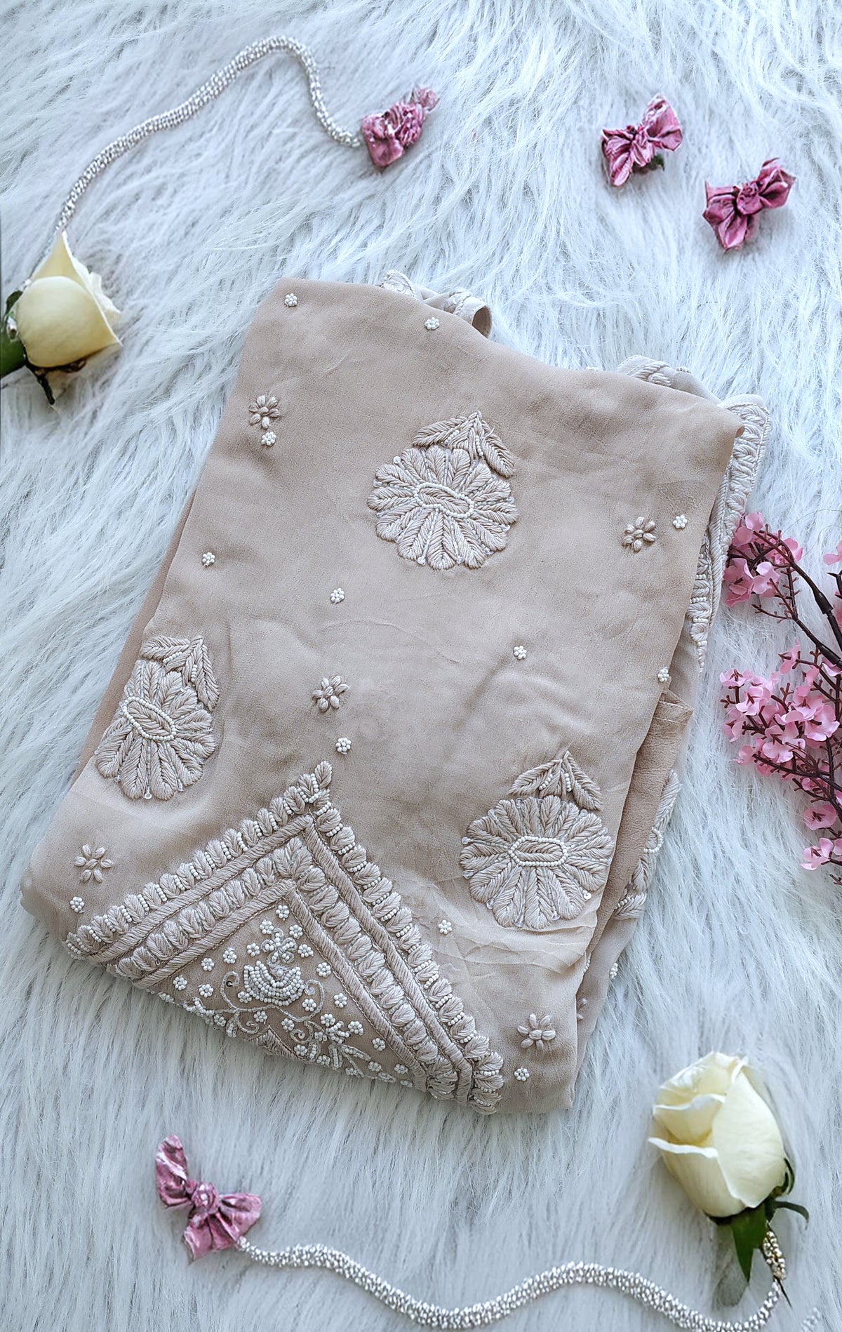 Noori Powder Brown Georgette Chikankari Kurta with Cutdana embroidery, handmade by LVW Fashions, featuring traditional Lucknow craftsmanship.